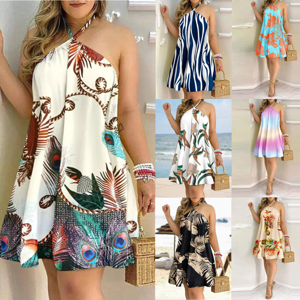 S4R-Printed Dress Summer Off-Shoulder Hanging Neck Sleeveless Sexy Dresses Women