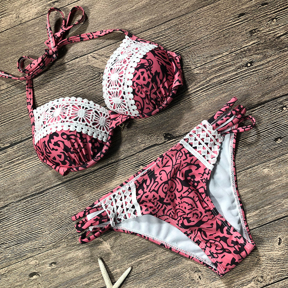 S4R-Women Sexy Swimwear Push up Swimsuit Female Bikini Halter Summer Beach Swim Wear Bathing Suit Women Lace Bikini Set