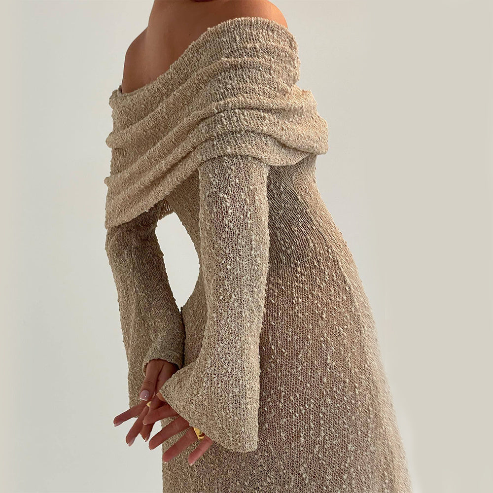 S4R-New One-shoulder Knitted Long-sleeved Dress Sexy Beach Holiday Long Dresses Womens Clothing