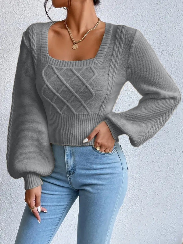 S4R-Solid Color Square Collar Sweaters Women's Clothing