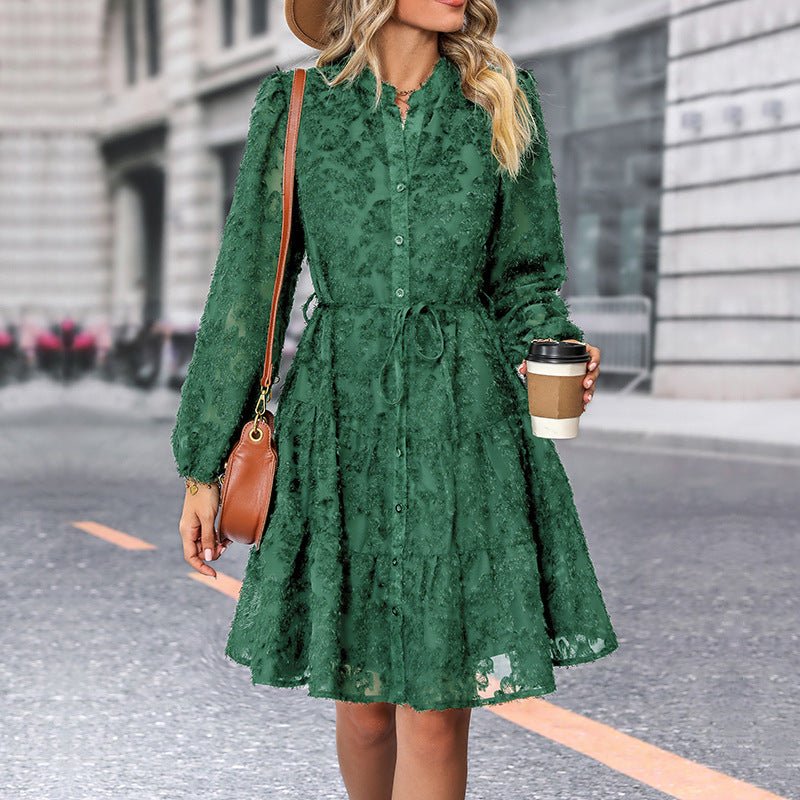 S4R-Lace Tied Long Sleeve Dress Fashion Medium Length Dresses Women's Clothing