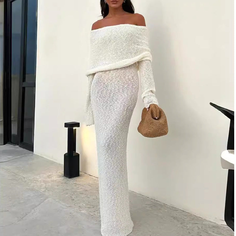 French-style One-shoulder Knitted Dress Fashion Party Beach Long-sleeved Long Dresses Fall Winter Women's Clothing