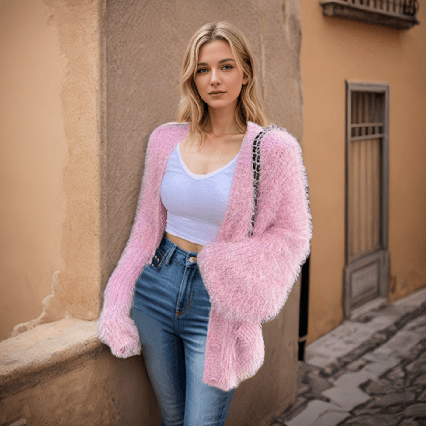 S4R-European And American Furry Cardigan Solid Color Sweaters Loose Pockets Coat