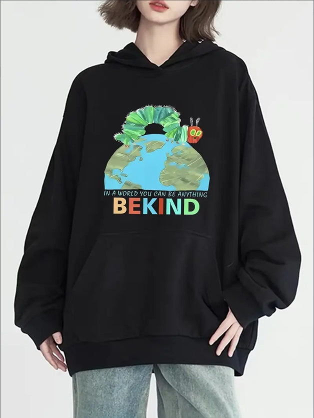 S4R-BE KIND Print Kangaroo Pocket Hoodie, Casual Long Sleeve Hoodies Sweatshirt, Women's Clothing