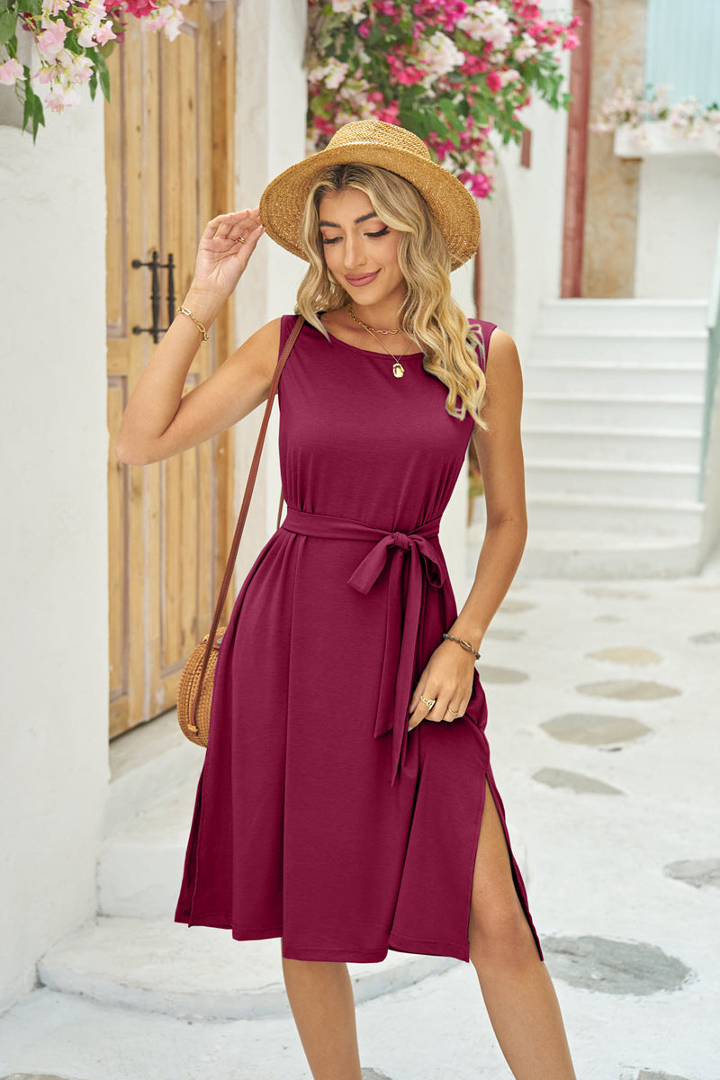 Summer Sleeveless Dress With Pockets Waist Lace-up Slits Dresses Fashion Women's Clothing