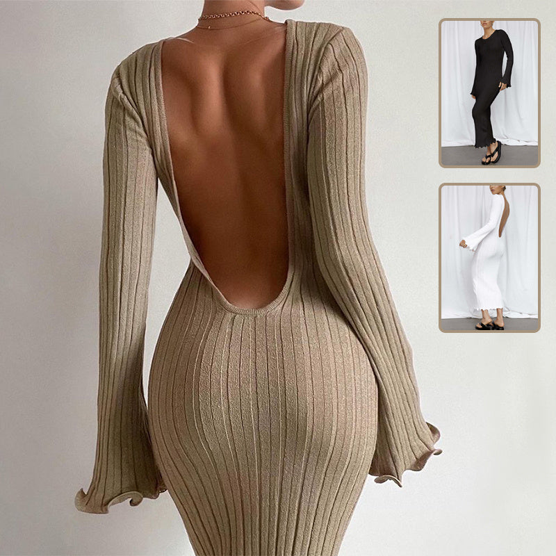 S4R-Fashion Slim Long-sleeved Ruffled Long Dress Sexy Hip-wrapped Back-less Knitted Maxi Dresses For Party Beach Womens Clothing