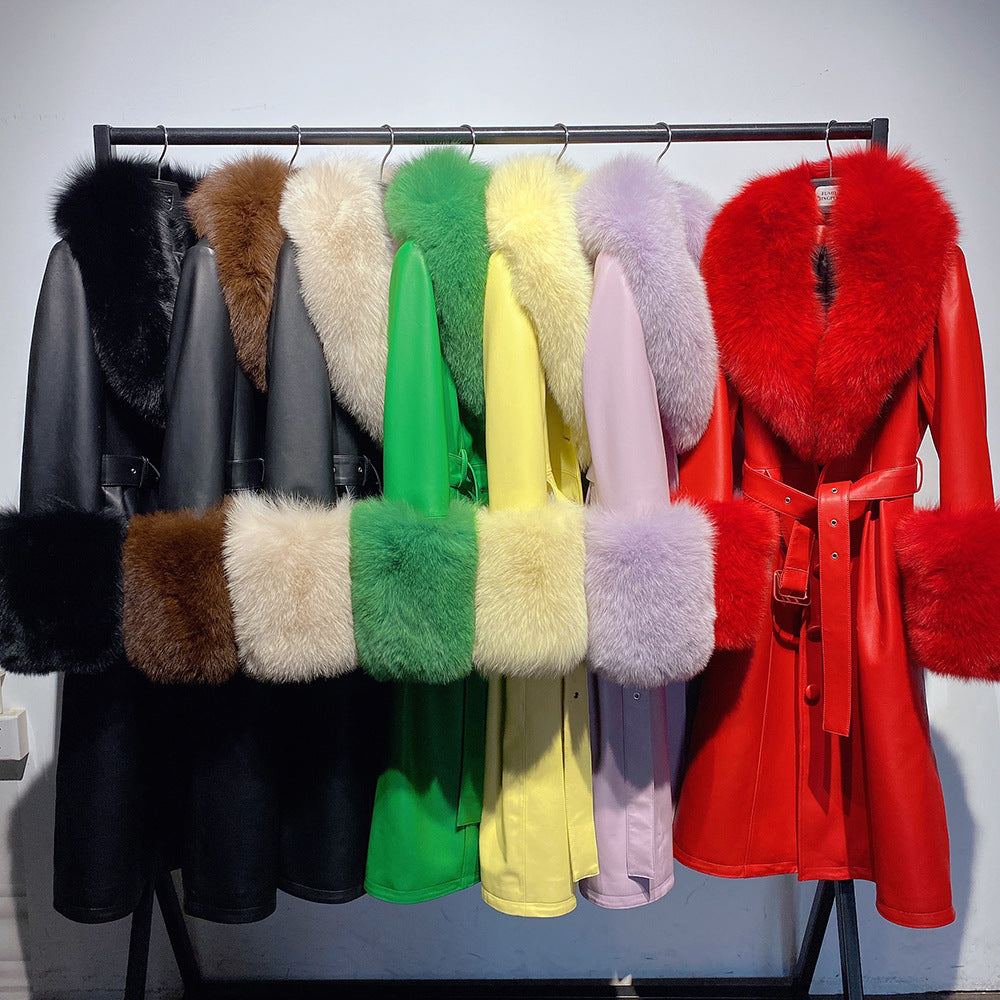 S4R-Slim-fit Leather Sheepskin Fox Fur Coat