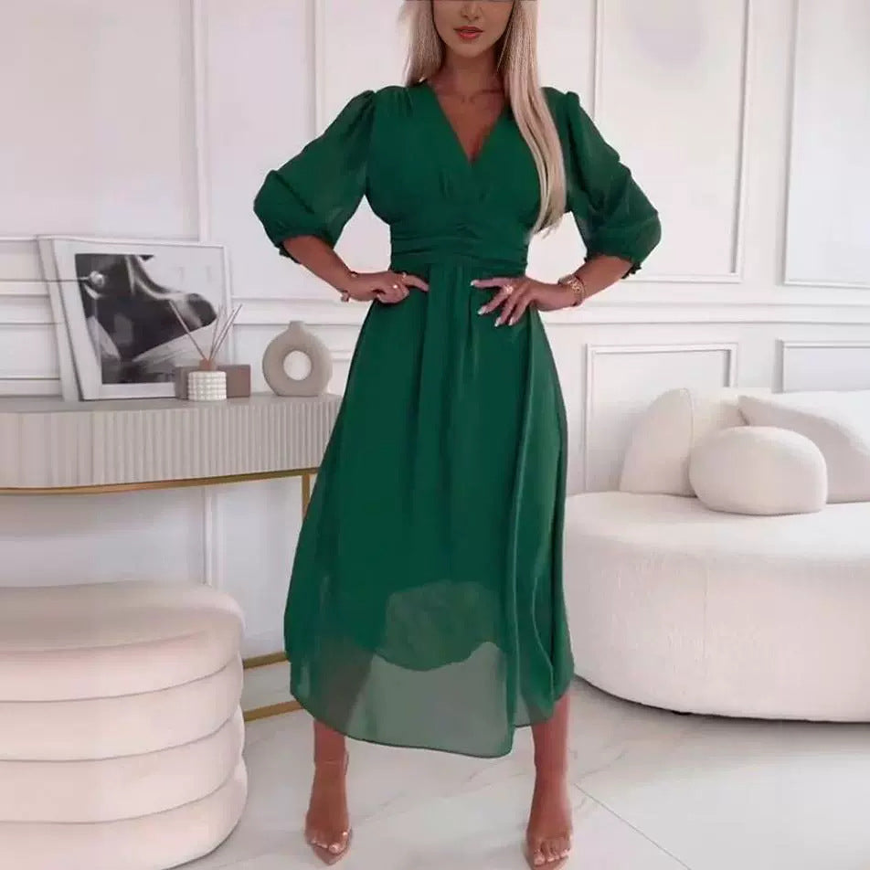 S4R- V-neck Waist-tight Long Sleeve Dress Fashion Slimming Skirt Solid Chiffon Dresses For Womens Clothing