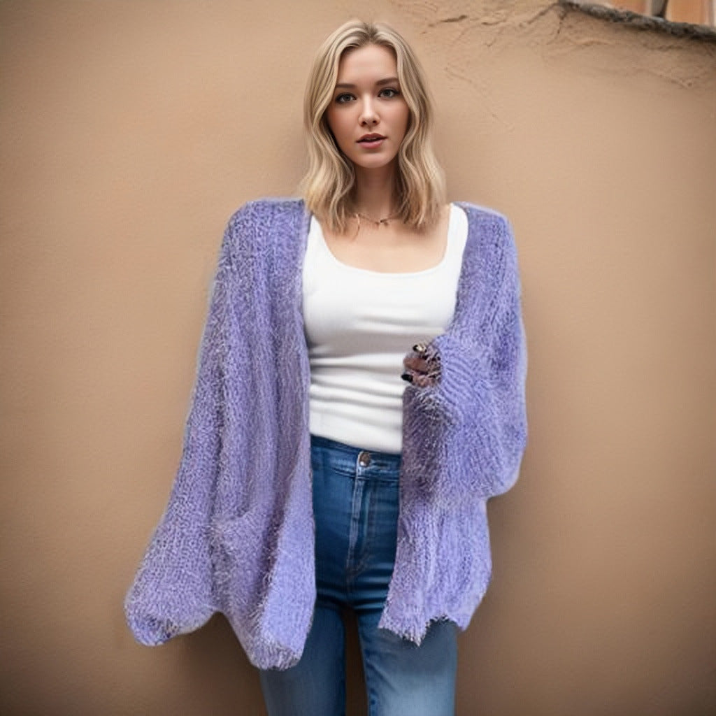 S4R-European And American Furry Cardigan Solid Color Sweaters Loose Pockets Coat