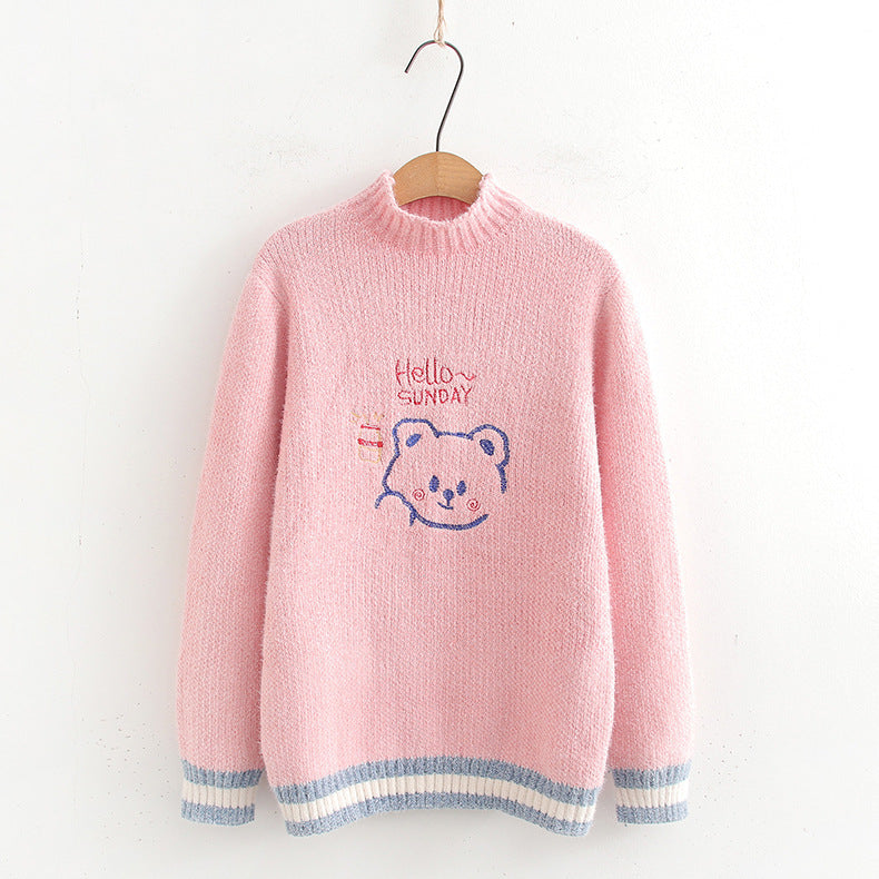 S4R-Women's Loose Cartoon Embroidery Half Turtleneck Pullover
