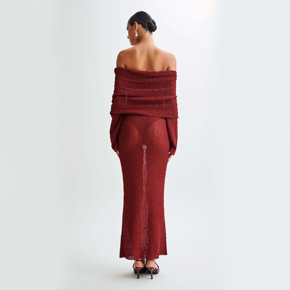 S4R-New One-shoulder Knitted Long-sleeved Dress Sexy Beach Holiday Long Dresses Womens Clothing