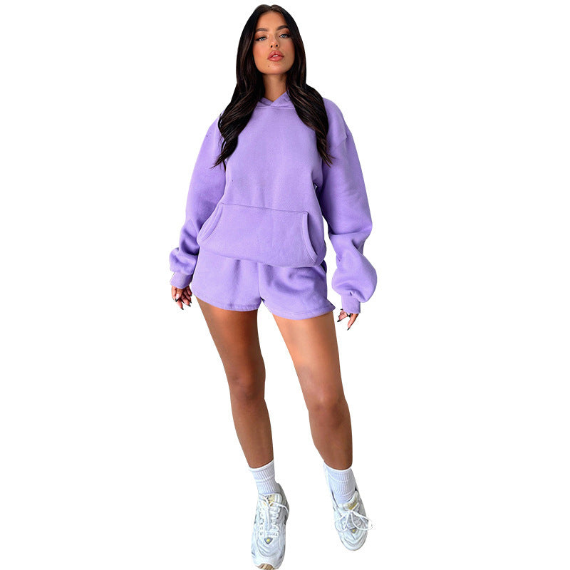 S4R-Solid Color Long Sleeve Hooded Sweaters Women's Clothing Two-piece Fashion
