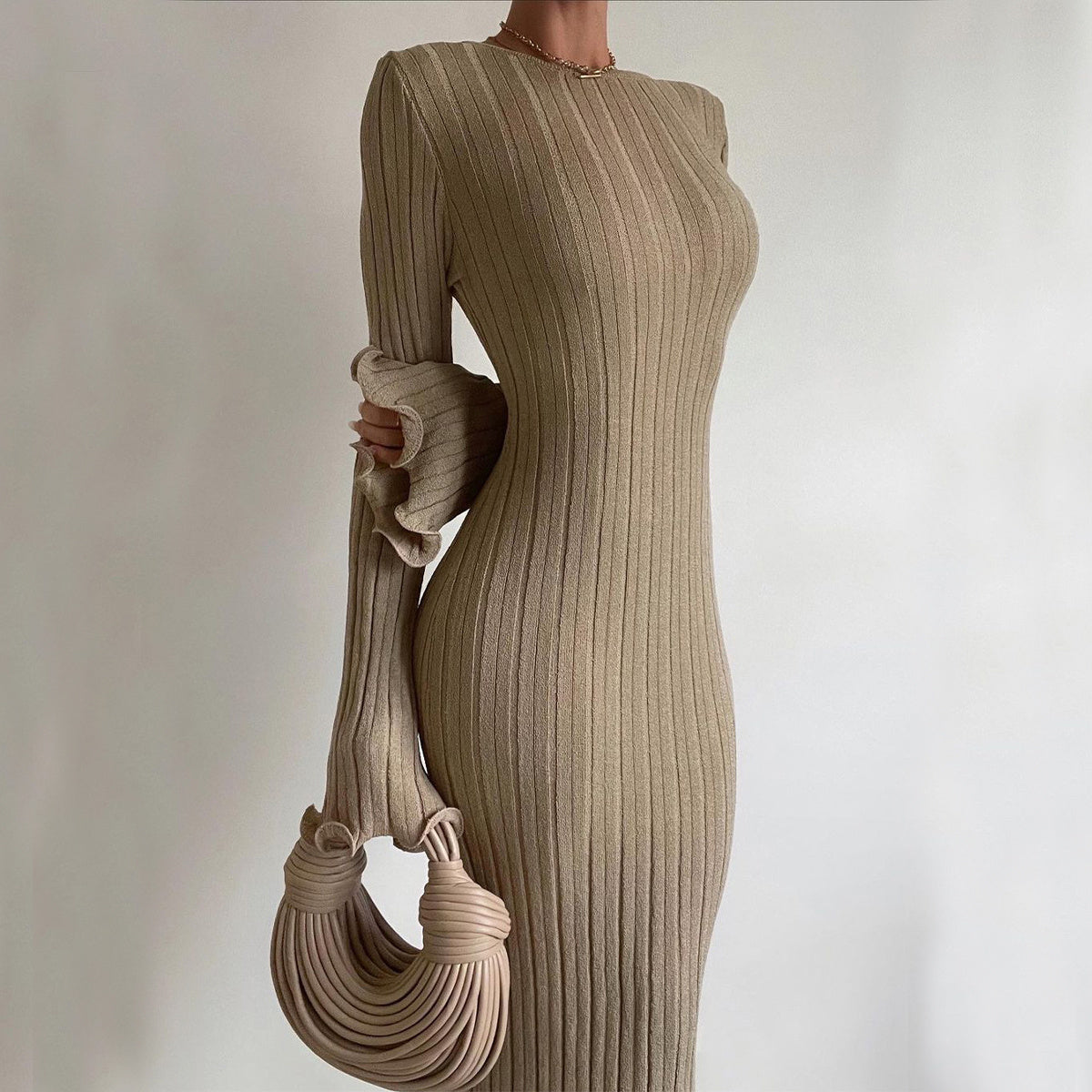 S4R-Fashion Slim Long-sleeved Ruffled Long Dress Sexy Hip-wrapped Back-less Knitted Maxi Dresses For Party Beach Womens Clothing
