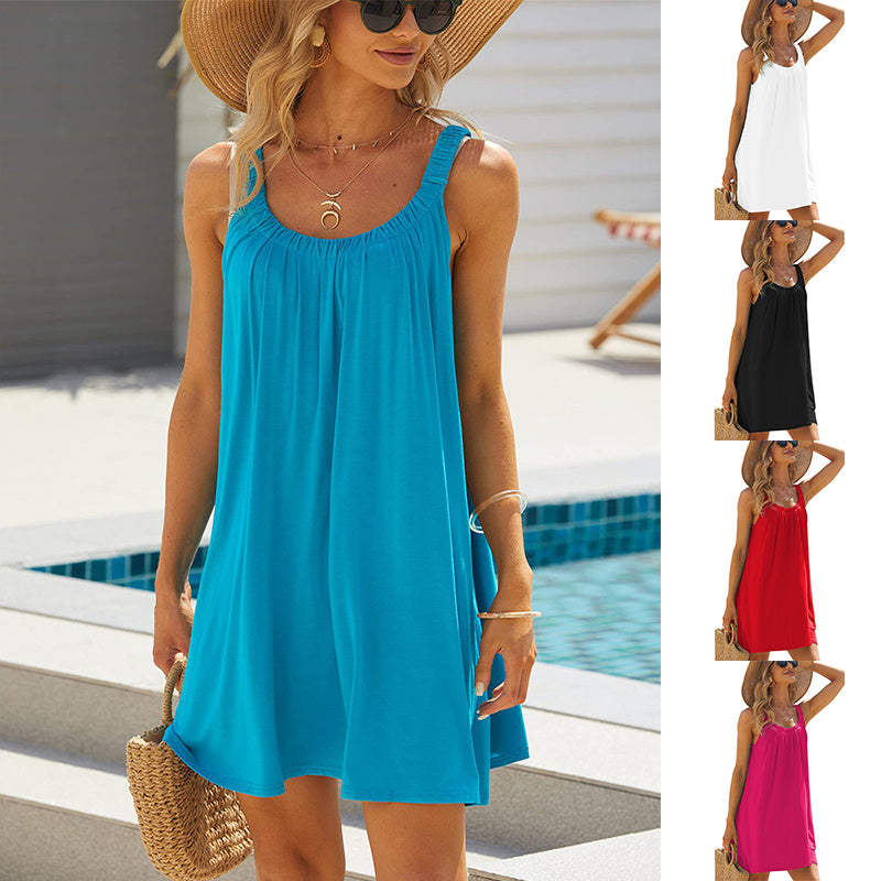 S4R-Solid Color Loose Beach Dress Casual Vacation Suspender Dresses Summer Round-neck Womens Clothing