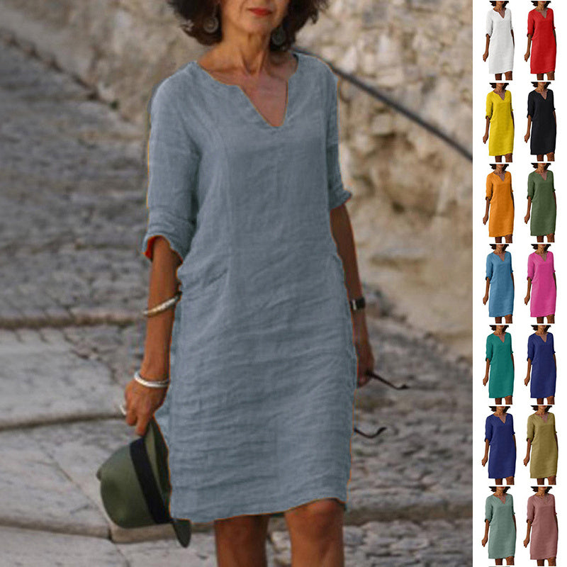 S4R-Cotton And Linen V-neck Dress Summer Stitching Retro High Waist Pure Color Dresses