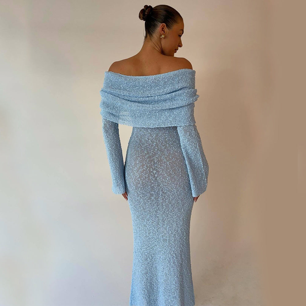 S4R-New One-shoulder Knitted Long-sleeved Dress Sexy Beach Holiday Long Dresses Womens Clothing
