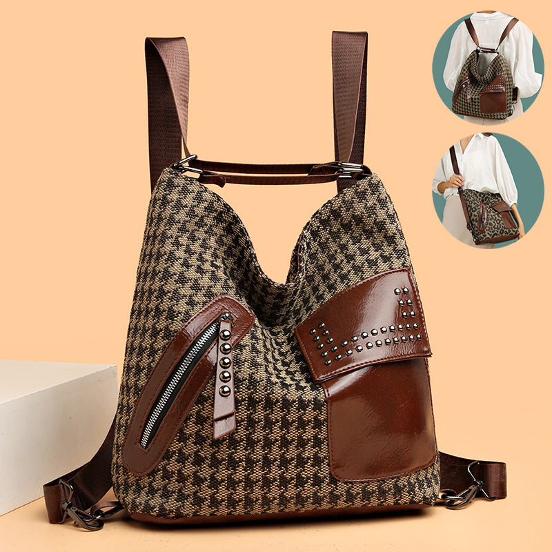S4R-Houndstooth Backpack Women Fashion Rivet Design Leopard Shoulder Bags