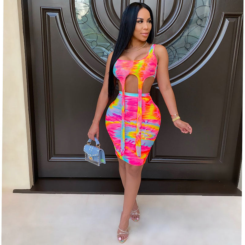 S4R-Printed Tie-dye Casual Skirt Outfit Vest Two-piece Set