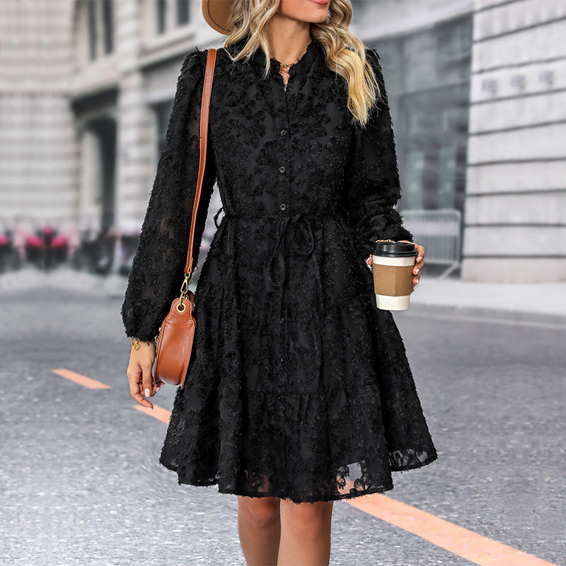 S4R-Lace Tied Long Sleeve Dress Fashion Medium Length Dresses Women's Clothing