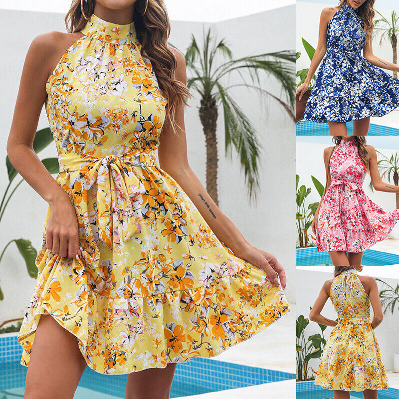 S4R-New Flowers Print Halter-neck Dress Summer Fashion Temperament Lace-up Ruffled Dresses For Women