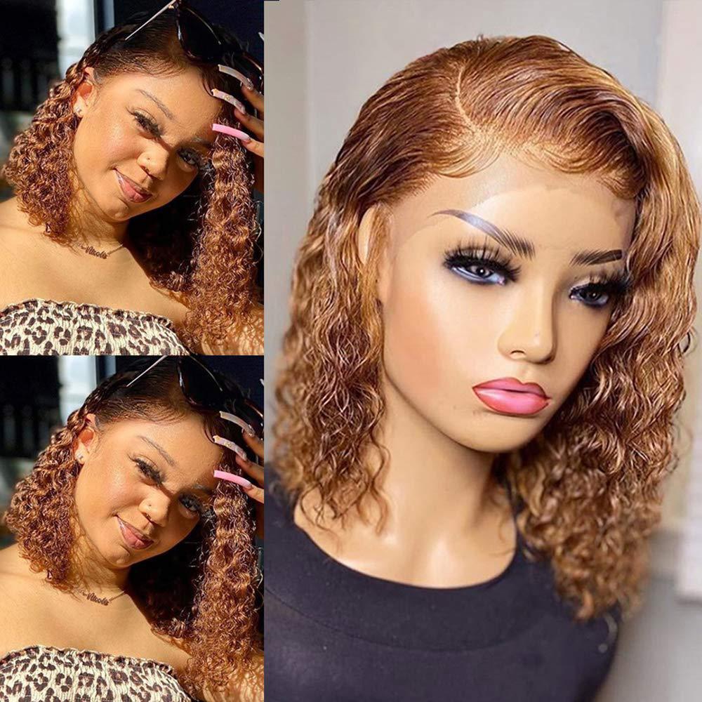 S4R-Short Curly Honey Blonde Bob Wig Lace Front Human Hair Wigs For Women