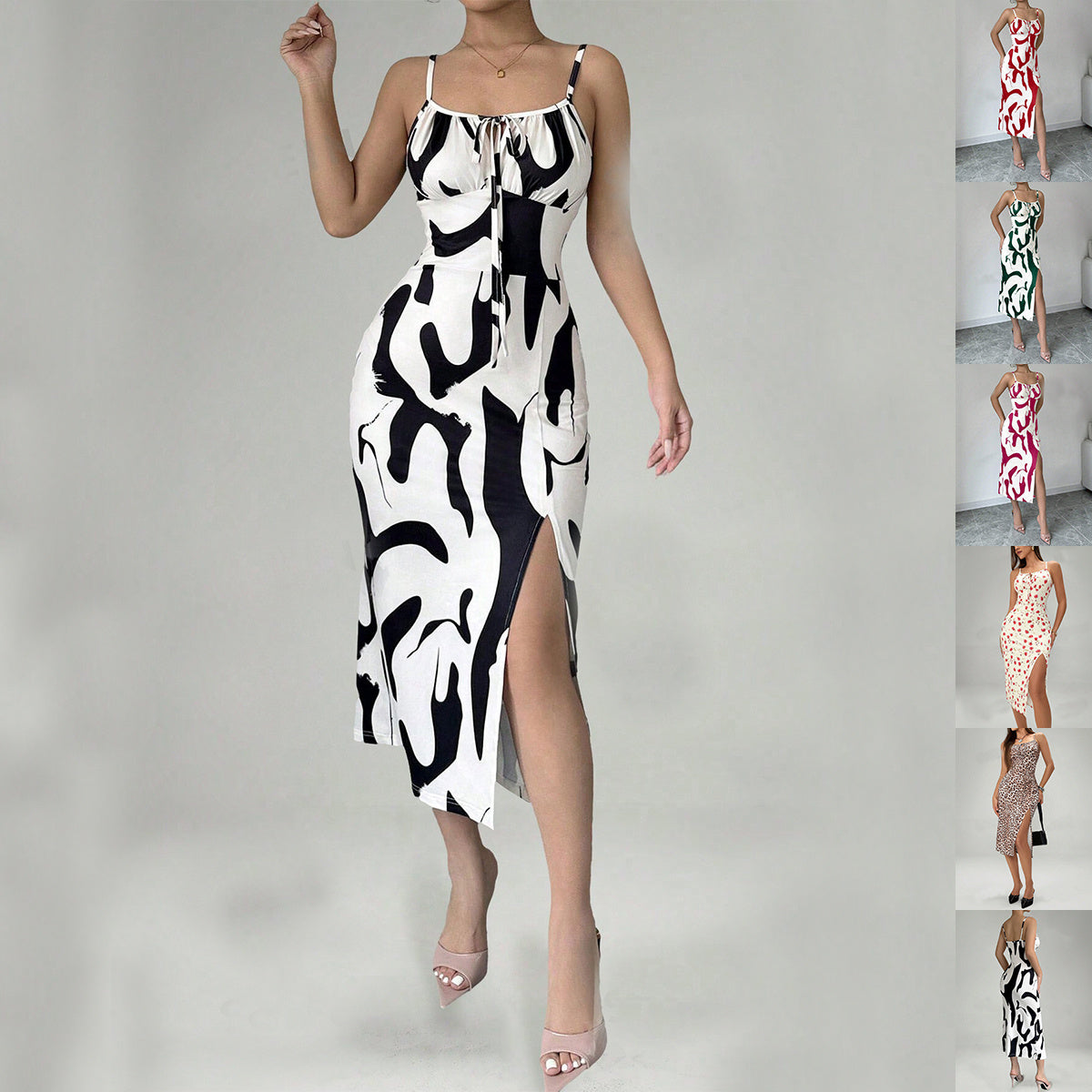 S4R-Summer Printed Suspender Split Dress Fashion Slim Lace-up Long Dresses For Women Clothing