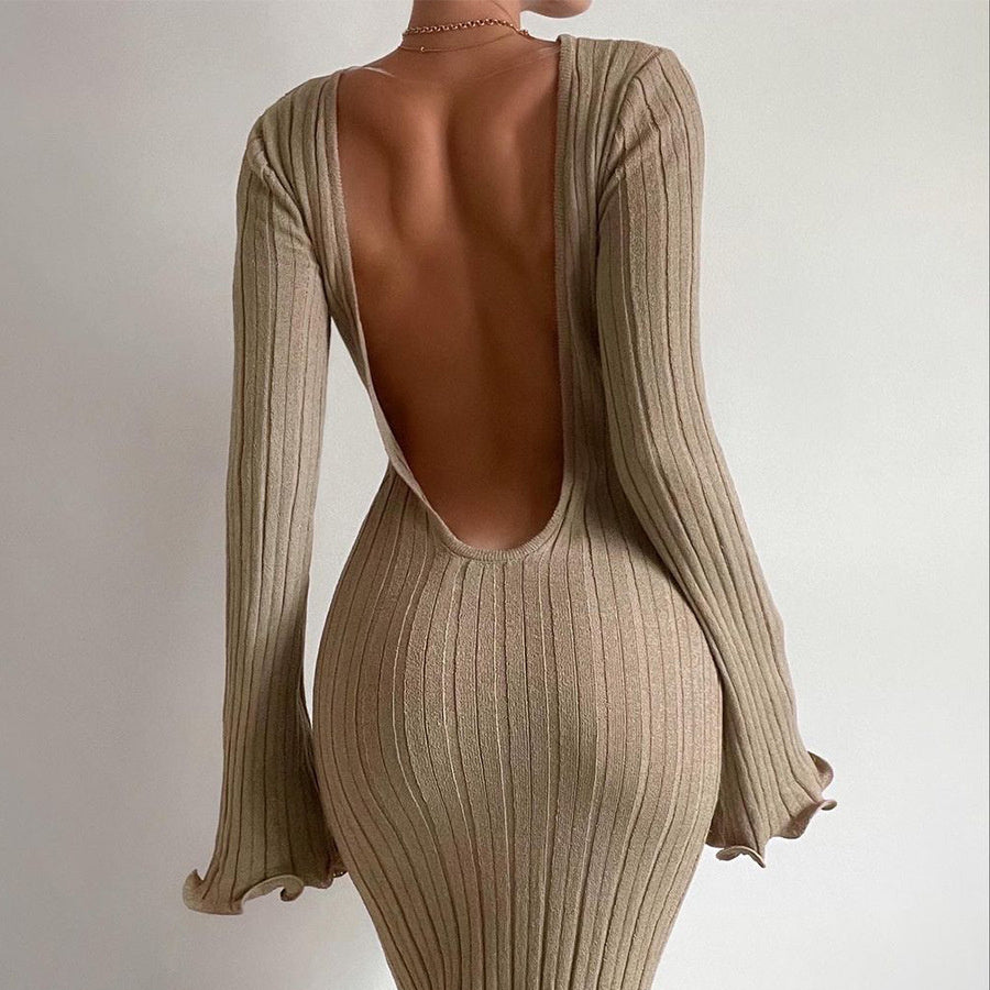 S4R-Fashion Slim Long-sleeved Ruffled Long Dress Sexy Hip-wrapped Back-less Knitted Maxi Dresses For Party Beach Womens Clothing