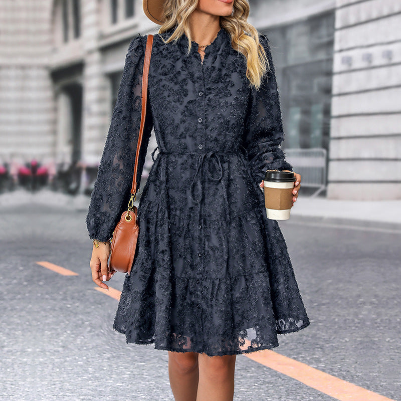S4R-Lace Tied Long Sleeve Dress Fashion Medium Length Dresses Women's Clothing