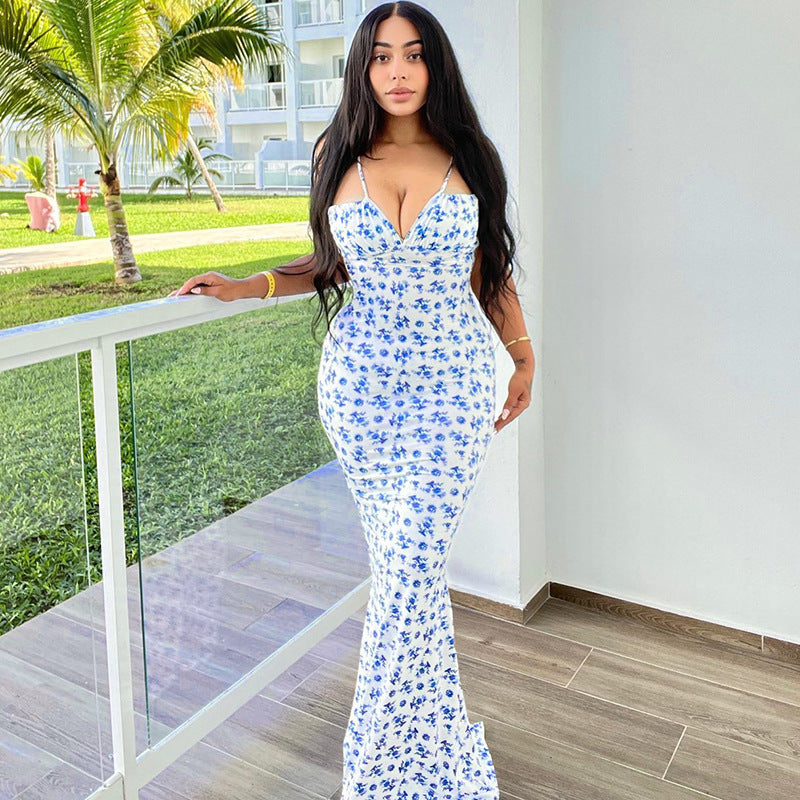 S4R-Fashion Flowers Print Suspender Long Dress Summer Lace-up Slim Backless Dresses For Women