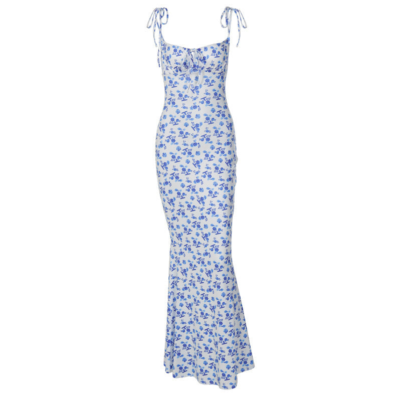 S4R-Fashion Flowers Print Suspender Long Dress Summer Lace-up Slim Backless Dresses For Women