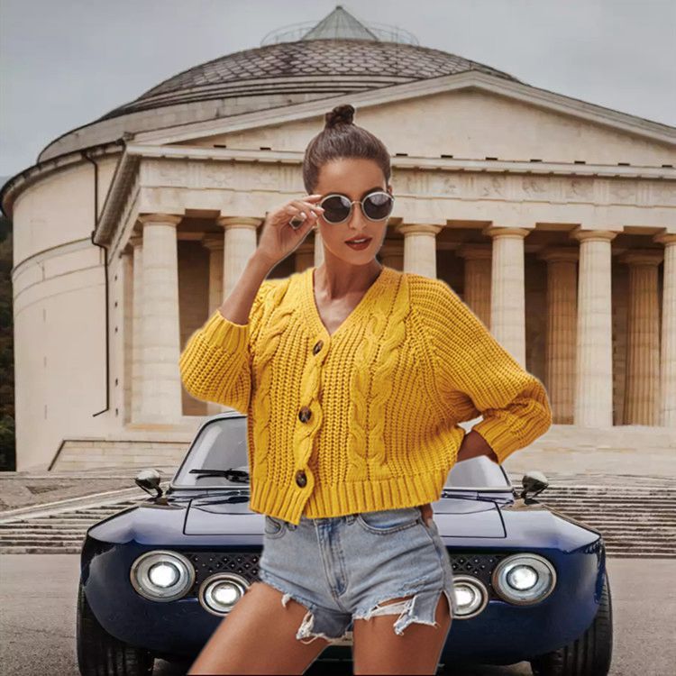 S4R-Autumn And Winter Button Solid Color Sweaters Short Loose